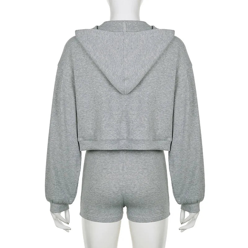 Ribbed Solid Color Three Pieces Sporty Suit Bra & Shorts and Lantern Sleeve Hooded Sweatshirt Coat Casual Suit