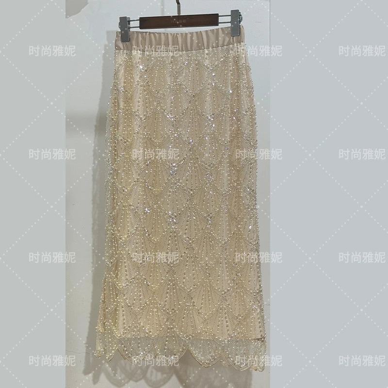 Fashion New Fashion Long-sleeved Sequined Pearl Bead Cardigan Women's Top High-waisted Skirt 2-piece 2025 Spring New Skirt Sets