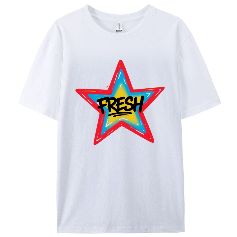 Graffiti Style FRESH Colorful Star Graphic Tee Casual White T-Shirt with Vibrant Gradient Star Design for Trendy Urban Fashion