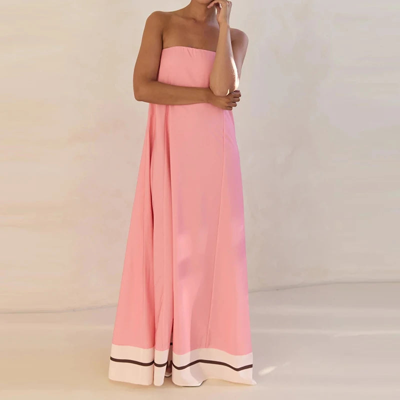 Casual Off Shoulder High Waist Loose Long Dress Backless Printed Holiday Women Dresses Summer Sexy Strapless Pleated Beach Dress