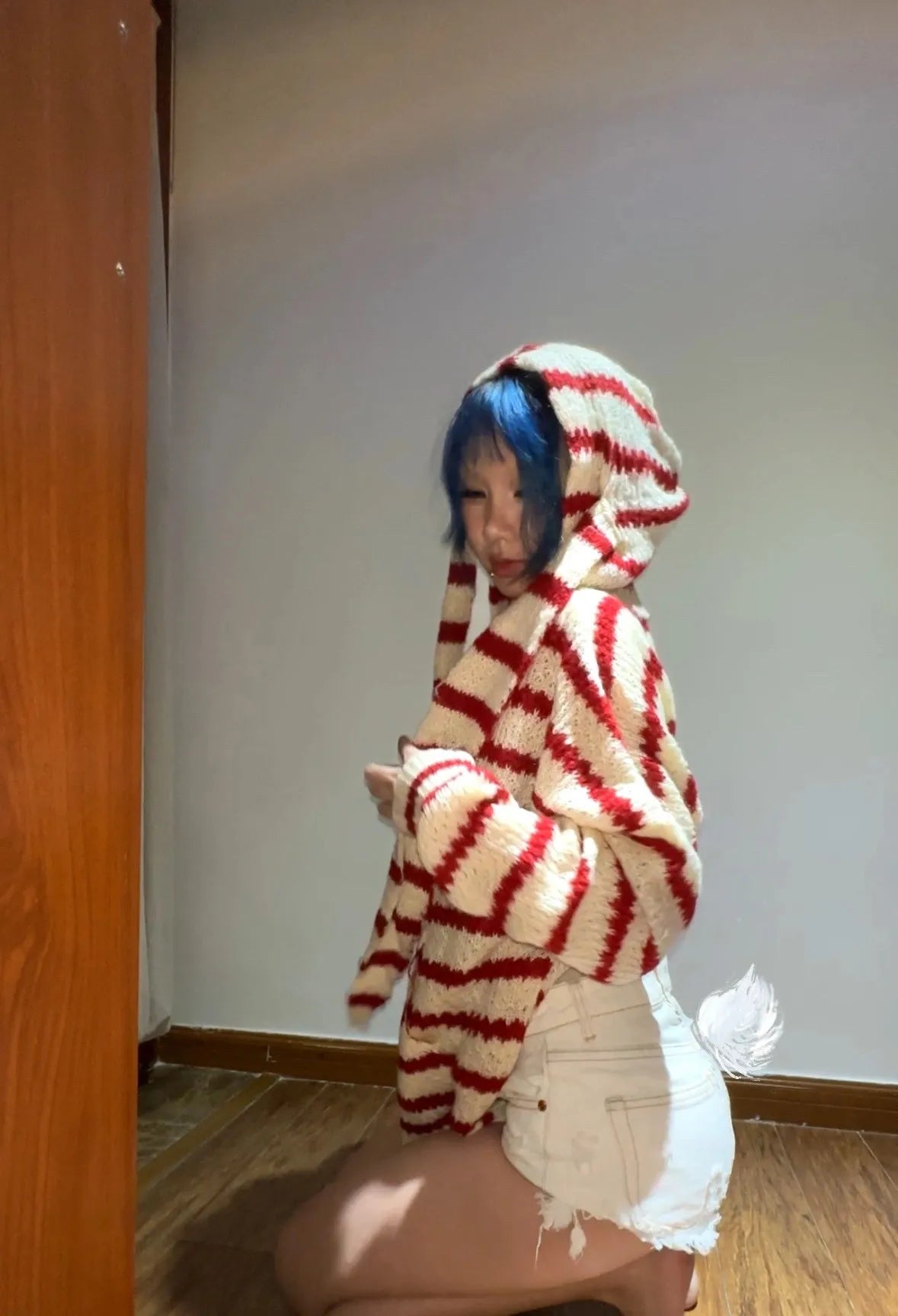 Karrram Japanese Y2k Hooded Cardigan 2000s Aesthetics Rabbit Ears Zipper Knitwear Vintage Harajuku Red Stripe Sweater Grunge