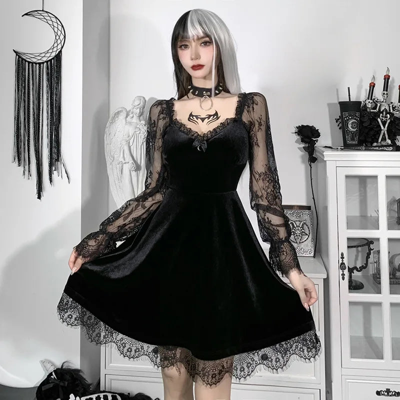 Y2K Hollow Cuffs Strapless Sexy Gothic Lace Dress Dark Style Pleated Knee-length Skirt Women‘s Slim Fit Fashion Women's Clothing