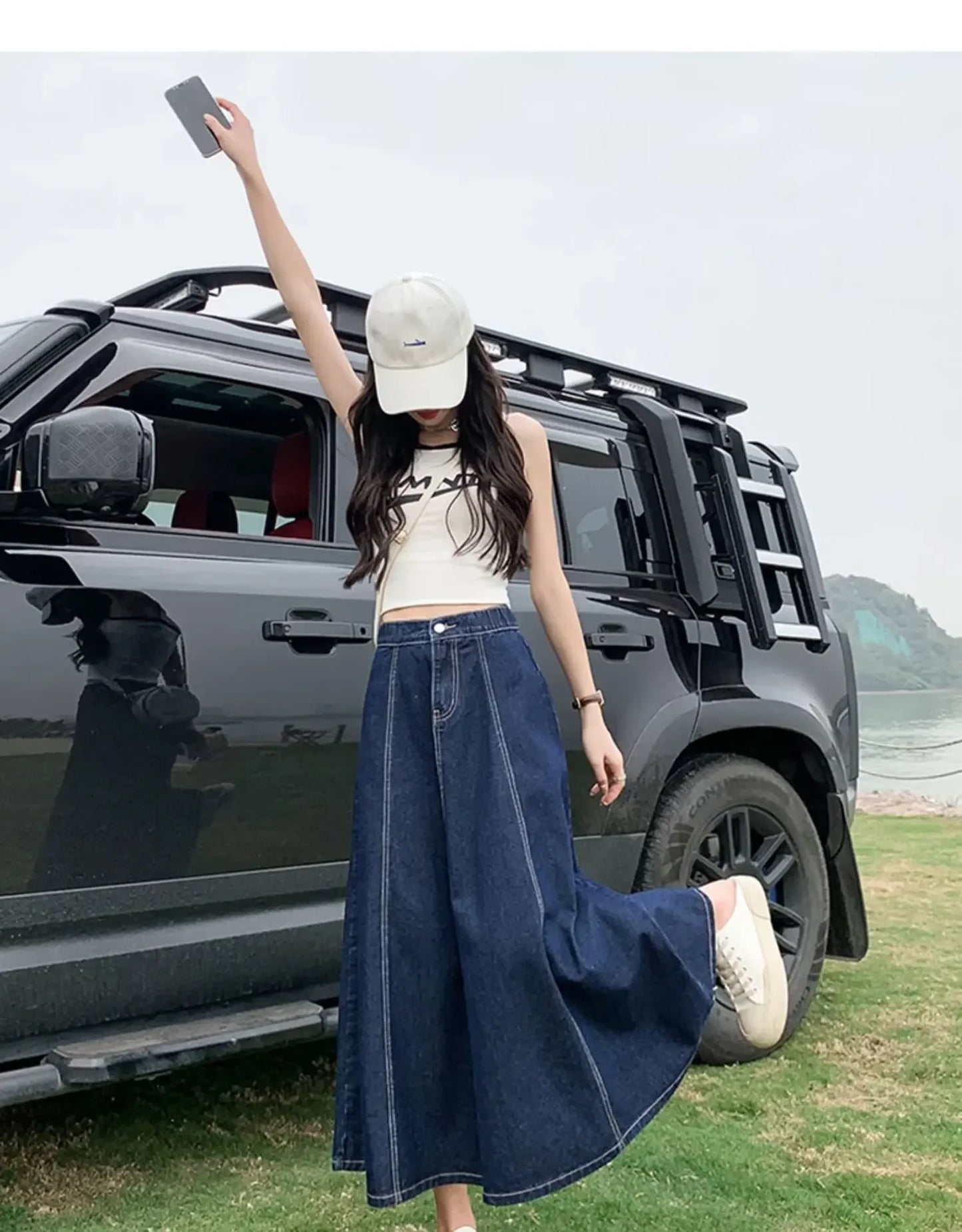 Fashionable Spring Medium-Length High-Waisted Jeans Long Dress Women's Elastic Waist A- Line Skirt Umbrella Skirt