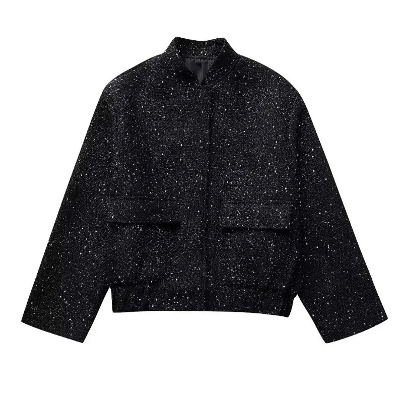 Suninheart Women's Sequined Bomber Jacket Fall O Neck Long Sleeve Pocket Stretch Hem Sequins Jacket Coat Female Chic Outerwear