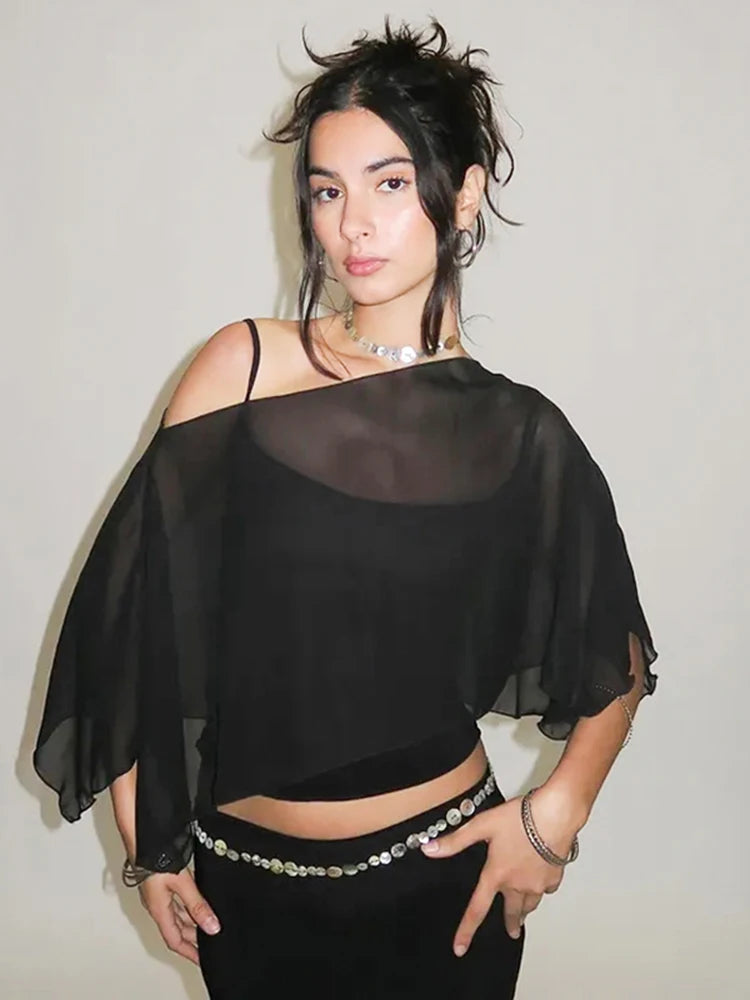 Weird Puss Summer Trend 2 Piece Crop Tops Women Sexy Short Sleeve Camisole+Mesh One-Shoulder Tops Clubwear 2025 Summer Club Tees