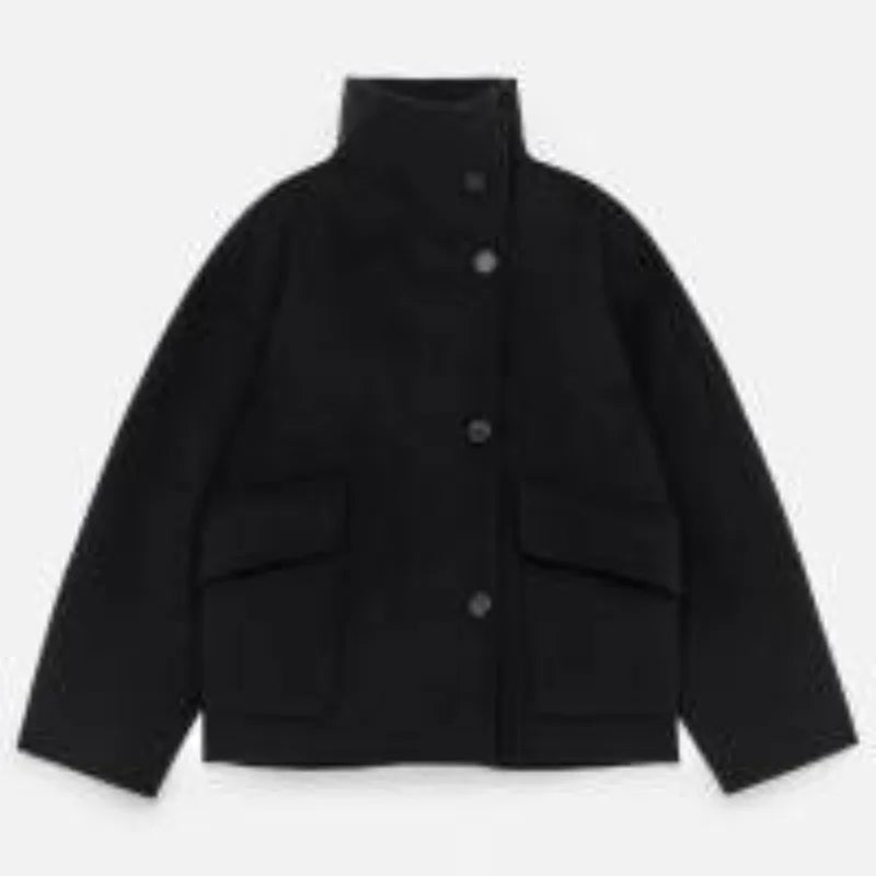 Solid Double Breasted Stand Collar Long Sleeve Overcoat for Women