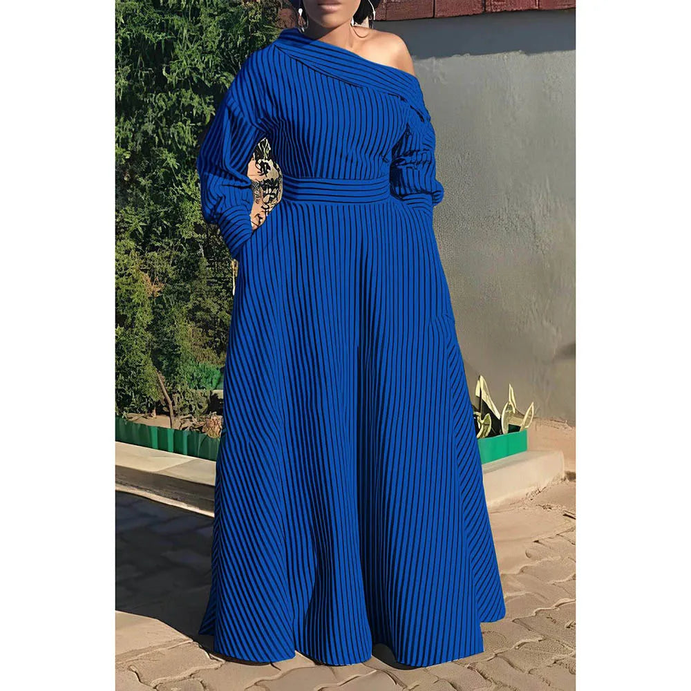 Plus Size White Casual Dress Ash Stripe Oblique Collar One Shoulder Maxi Dress With Pocket