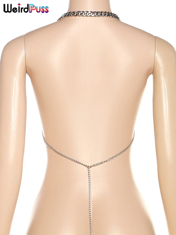 Weird Puss Multilayer Chain Women Crop Tops Halter Backless Low Chest Sexy Fashion Hot Girls Rave Party Nightclub Coquette Vest