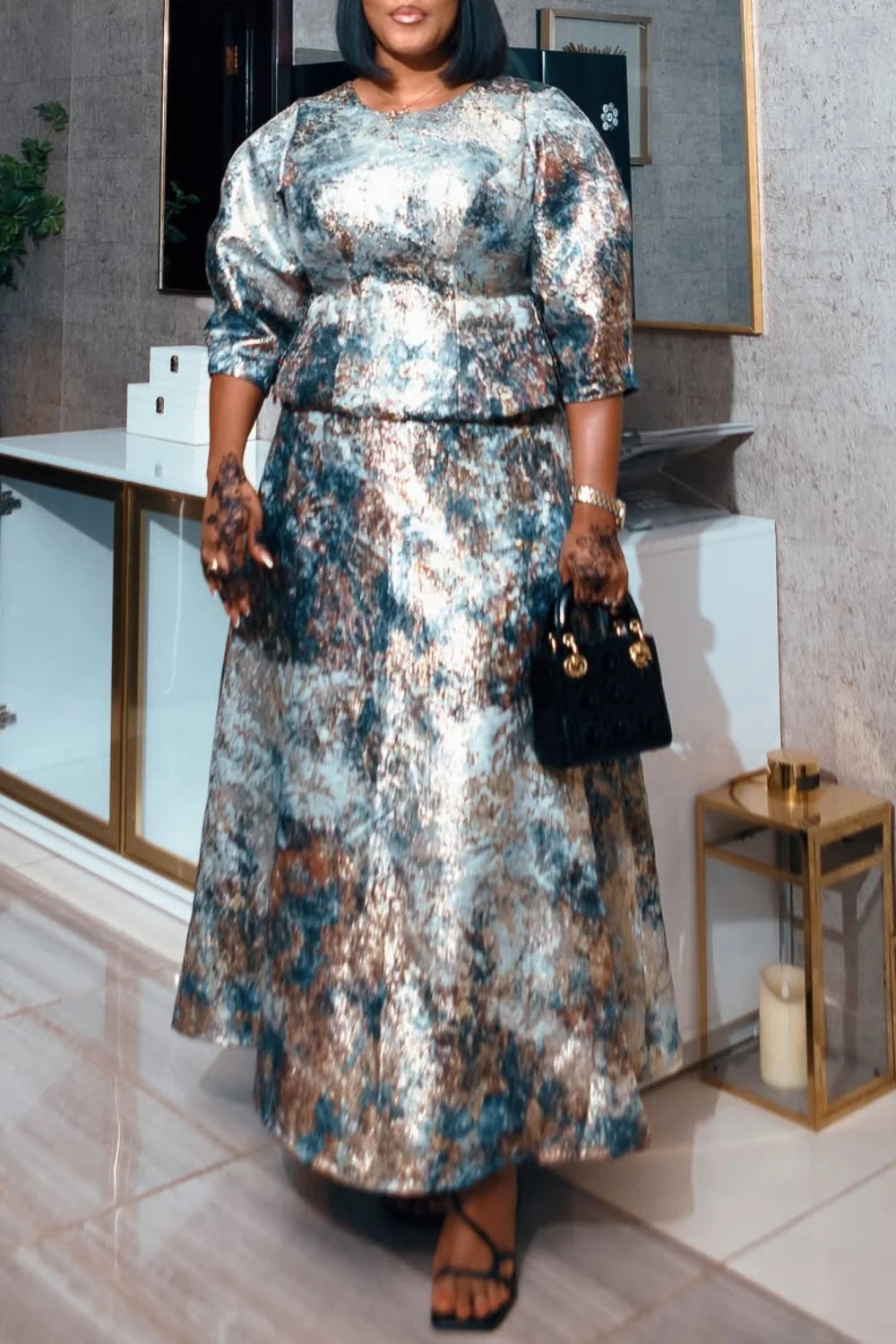Plus Size Mother Of The Bride Elegant Grey All Over Print Round Neck 3/4 Sleeve Satin Two Piece Skirt Sets [