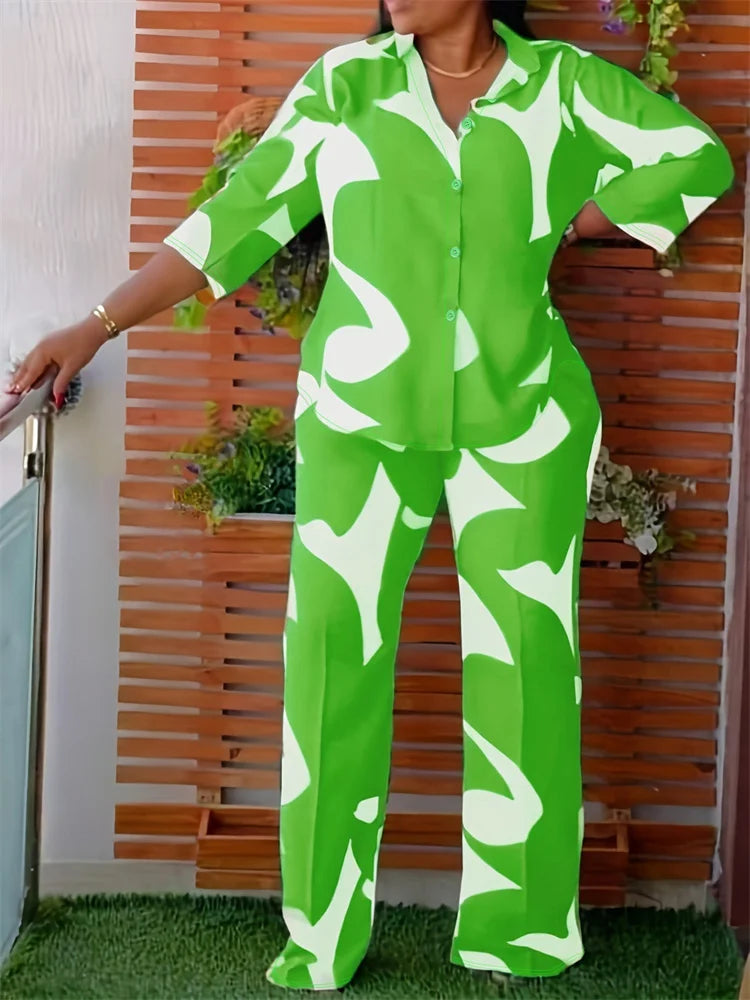 Wmstar Plus Size Two Piece Set Women Wholesale Print Pants Sets Button Shirts Top and Flared Trousers New in Summer 2025
