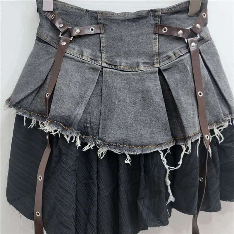 YEAE trendy fashion women's patchwork denim pleated skirt 2024 autumn new high waist strap design A-shaped skirt women