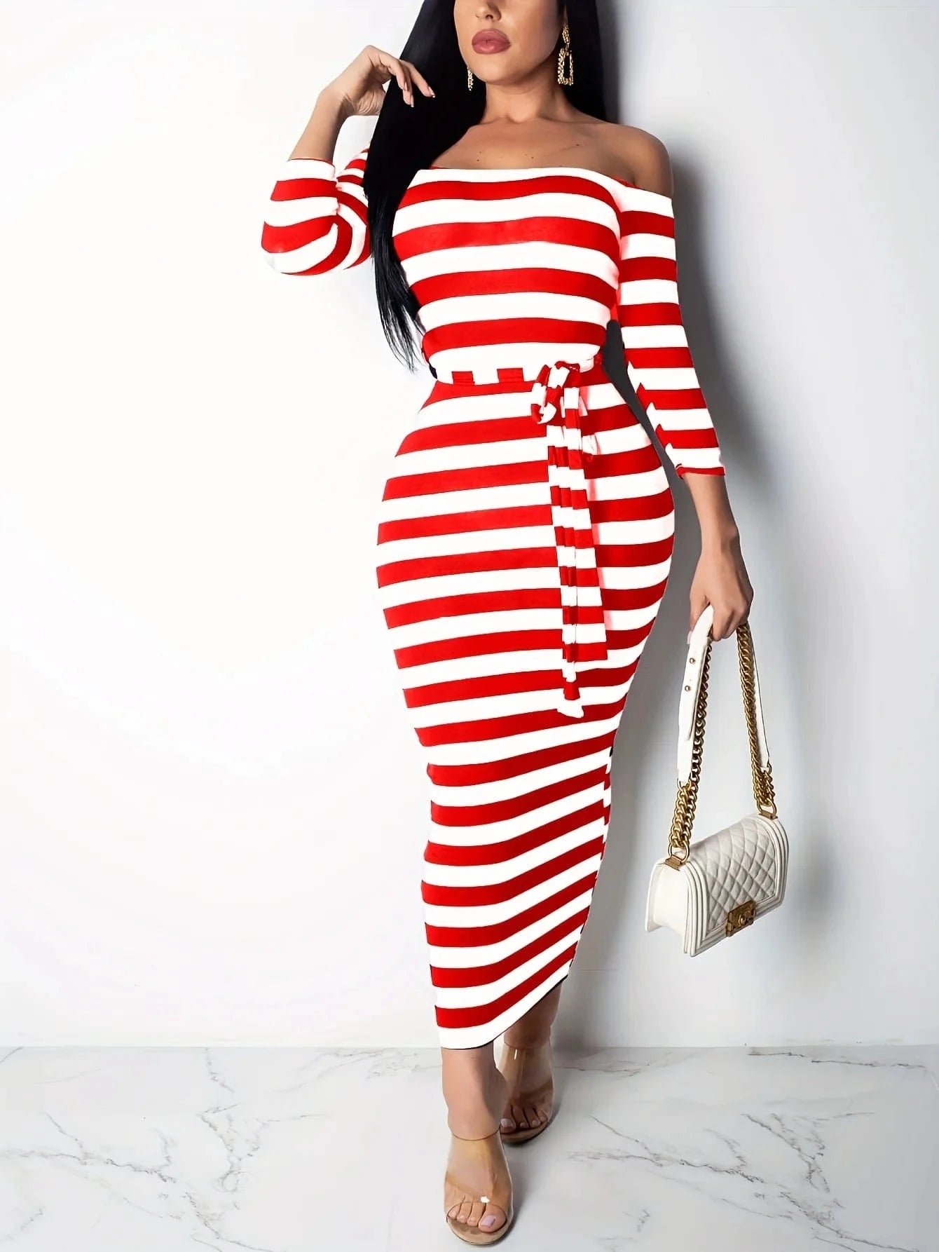 New 2024 Casual Women Dress Summer Striped Bodycon Midi Dresses Slash Neck Lace Up Three Quarter Pencil Dresses