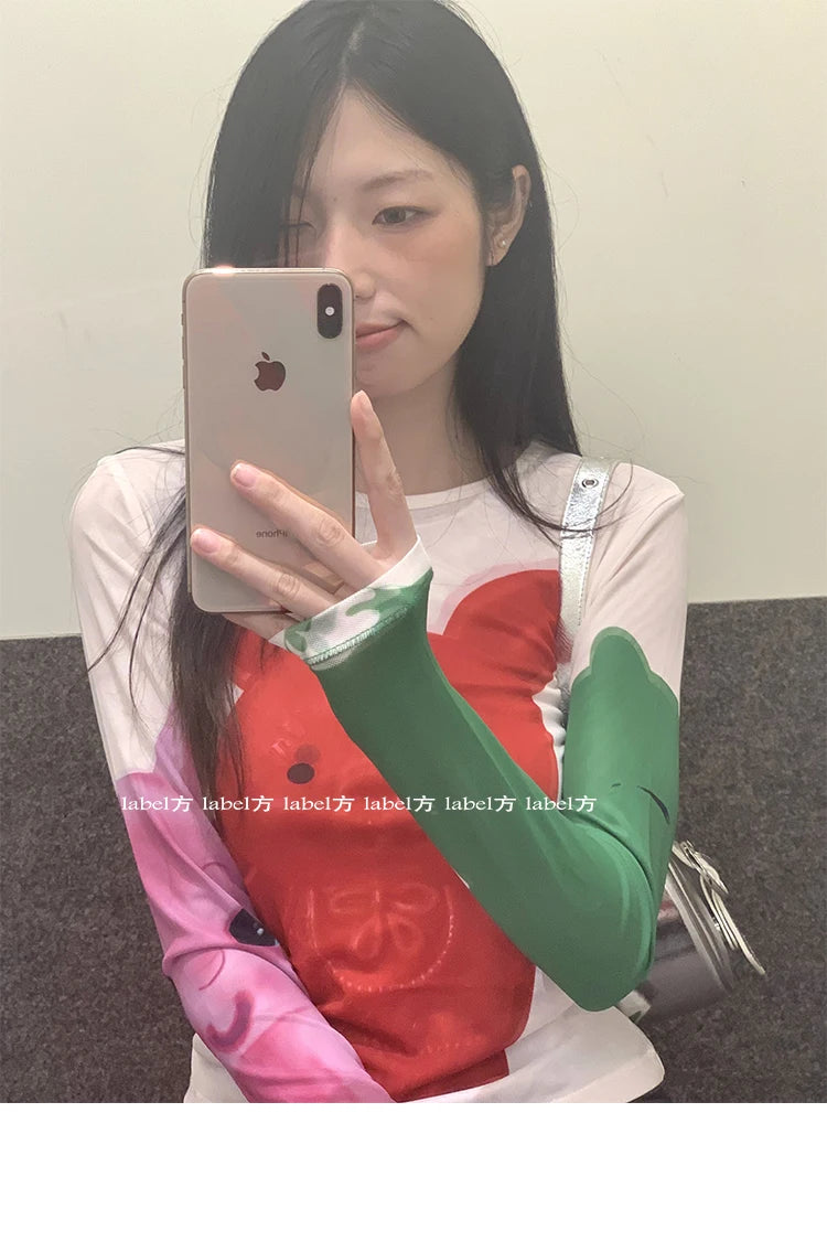 Karrram Y2k Aesthetics Mesh Tops Japanese Harajuku Cartoon Print T-shirt 2000s Vintage Cute T Shirt Korean Style Dopamine Tops