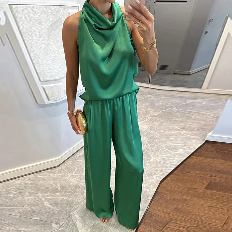 Pile Collar Sleeveless Top Wide Leg Pants 2CPS Sets, Women Summer Loose Elastic Waist Chic Outfit, Solid Patchwork Ladies Suits