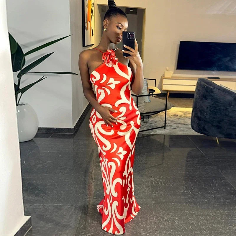 Fashionable European Style Printed Sexy Sleeveless Halter Neck Floral Decorated Hip Dress Trendy Women's Ready-Made Dress