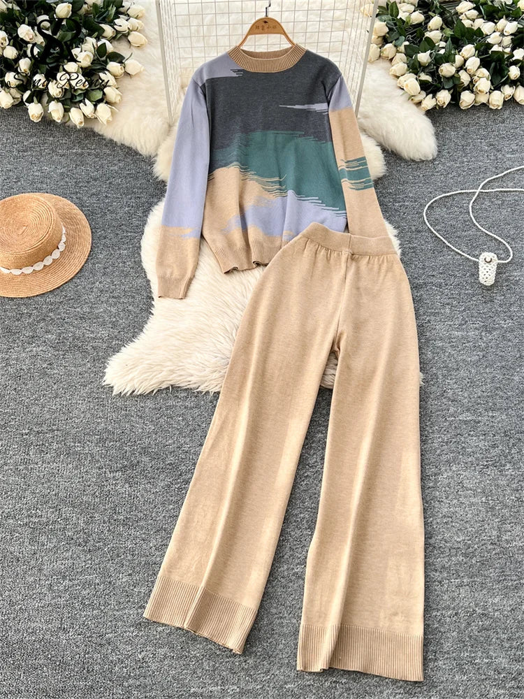 Printed Knit Sweater and Wide Leg Pants Set for Women