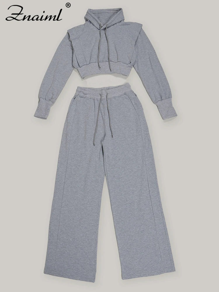 Znaiml Gray Outfit Women Sport Two 2 Piece Winter Sweatshirt Hoodies Tops and Wide Leg Pants Tracksuit Streetwear Sportsuit 2025