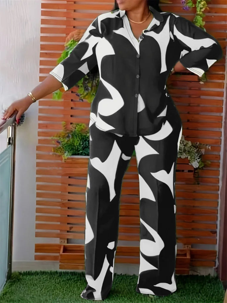 Wmstar Plus Size Two Piece Set Women Wholesale Print Pants Sets Button Shirts Top and Flared Trousers New in Summer 2025