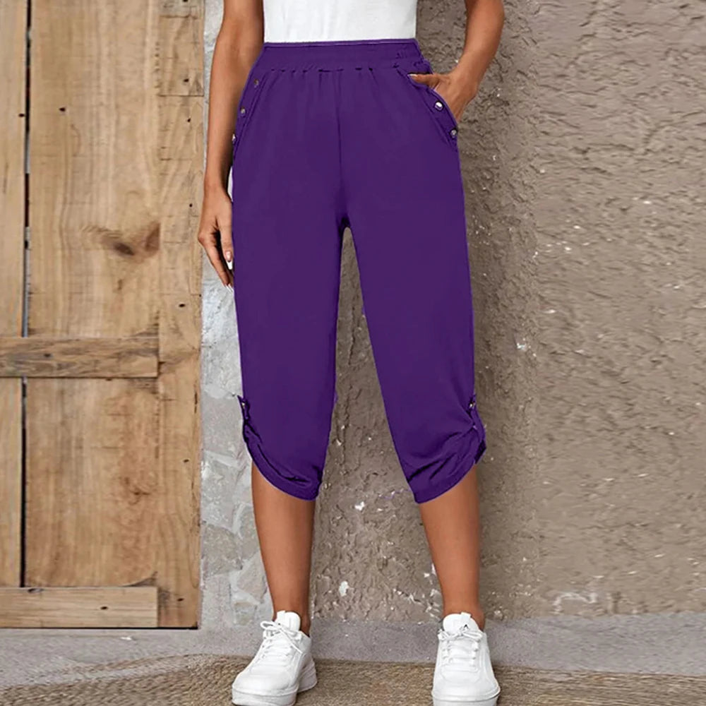 Women Elastic Waist Pants Summer Solid Color Casual Trousers Bottom Elegant Fashion Office Lady Loose Cropped Pants S-3XL