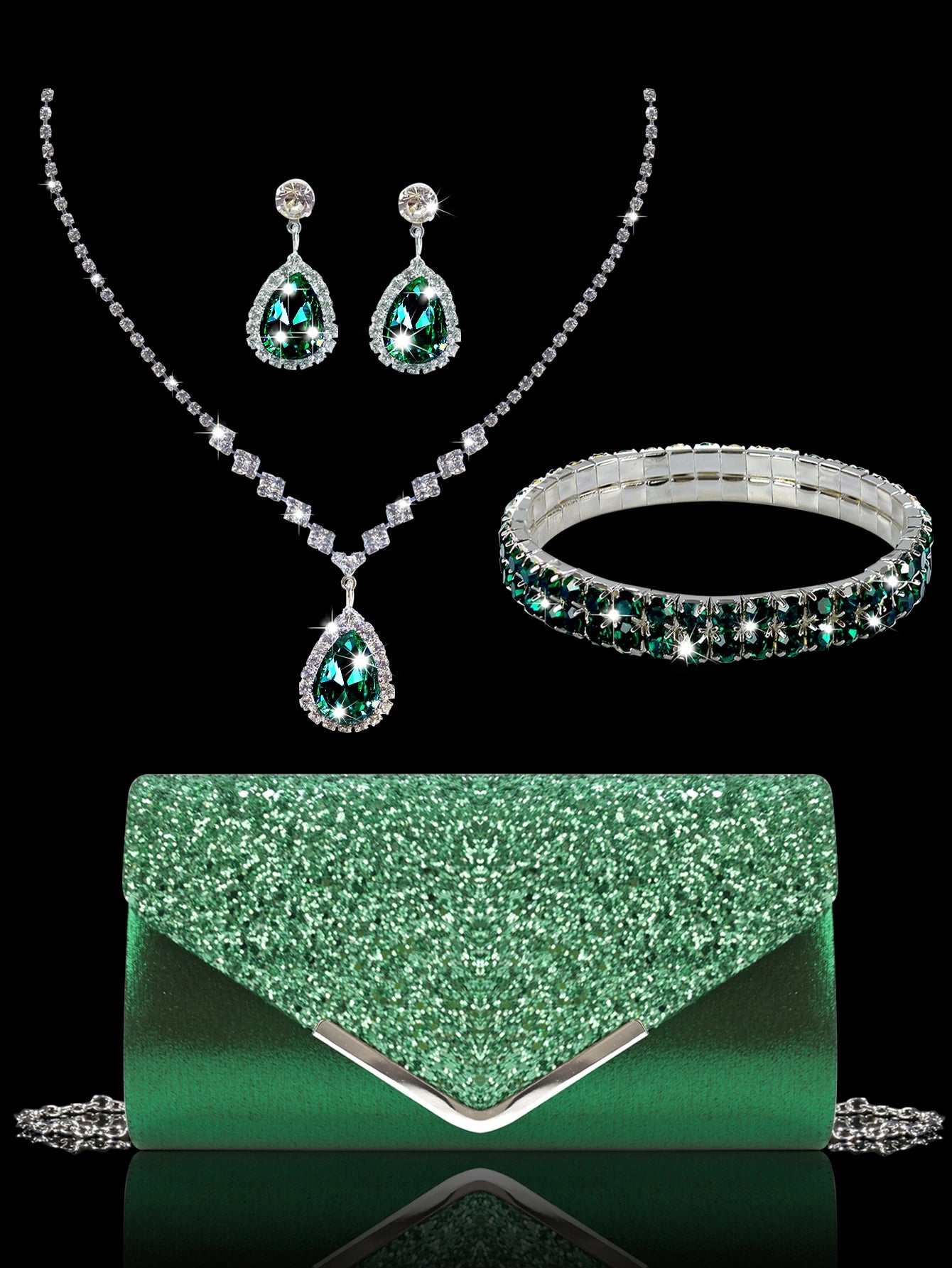 Sparkling and luxurious sequined evening clutch for women, paired with a gorgeous rhinestone necklace, earrings and bracelet set