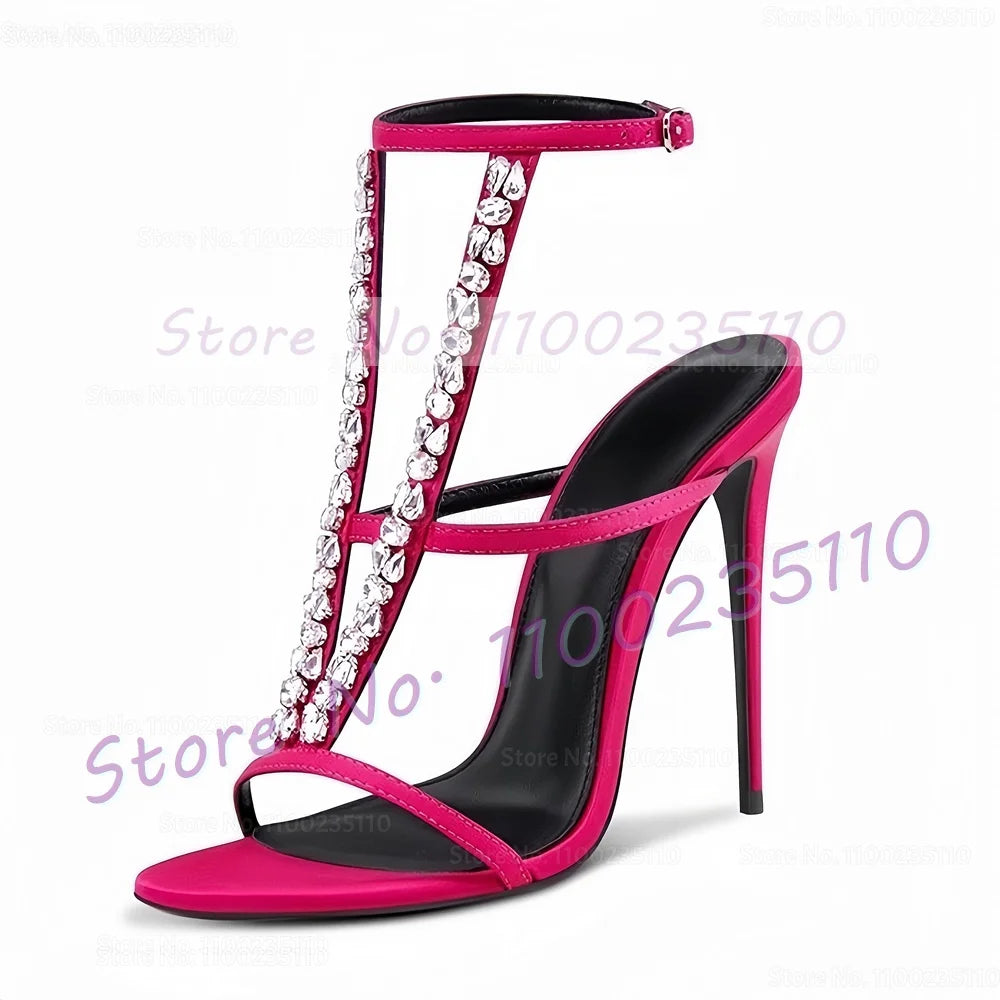V-Design Crystal Upper Satin High Heels Sandals Women Luxury Fuchsia T Strap Shoes Ladies Sexy Party Ankle Strap Gems Sandals