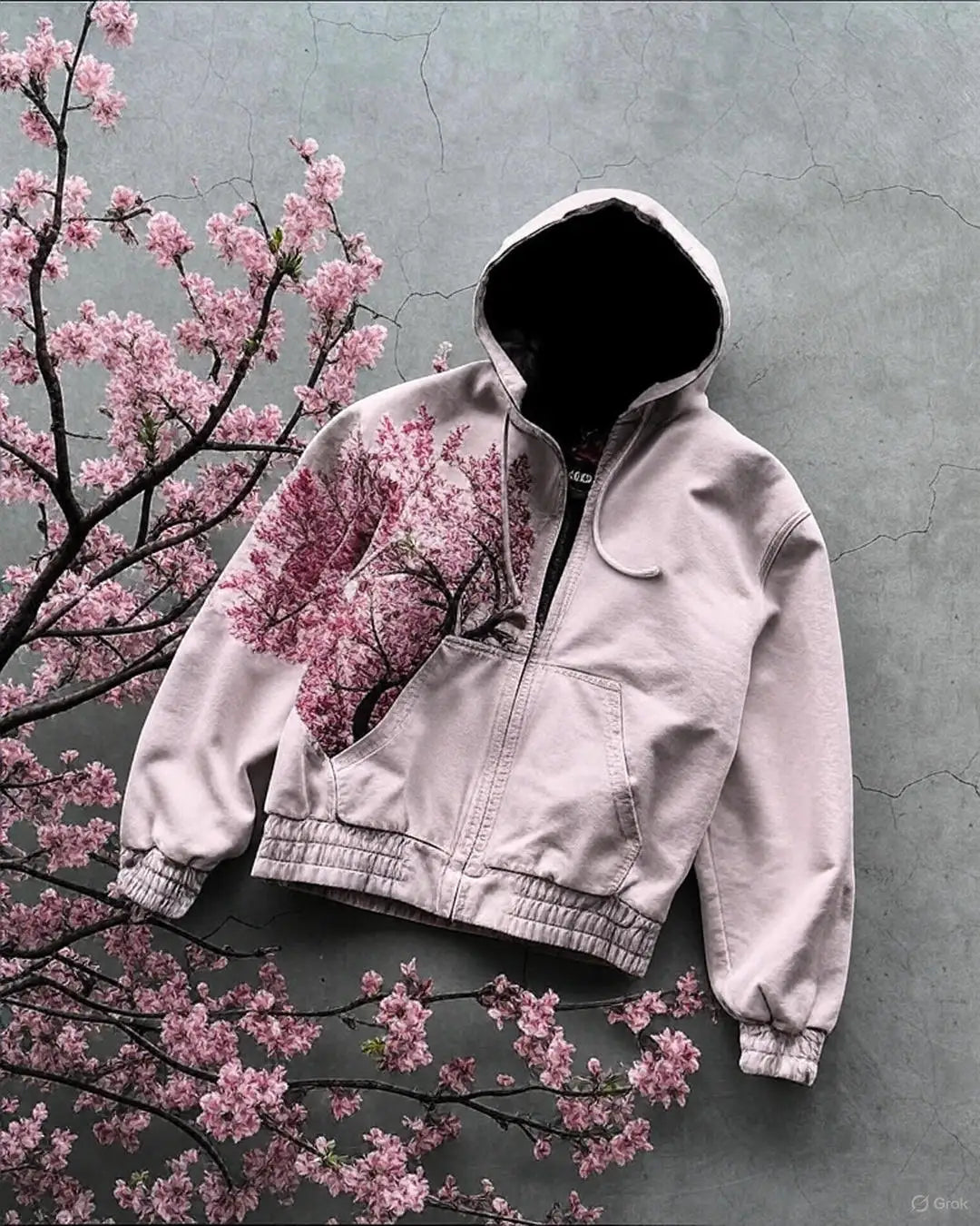 American Vintage Y2K Cherry Blossom Embroidered Hooded Jacket Womens Pink Zipper Coat with Floral Tree Graphic Streetwear