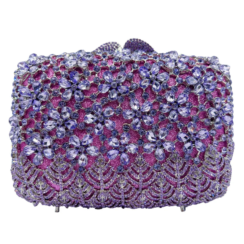 XIYUAN Hot-selling Luxury Carved Lilac Flower Clutch Purse Full Diamond Evening Bag Women Wedding Bridal Handbag Party Purses