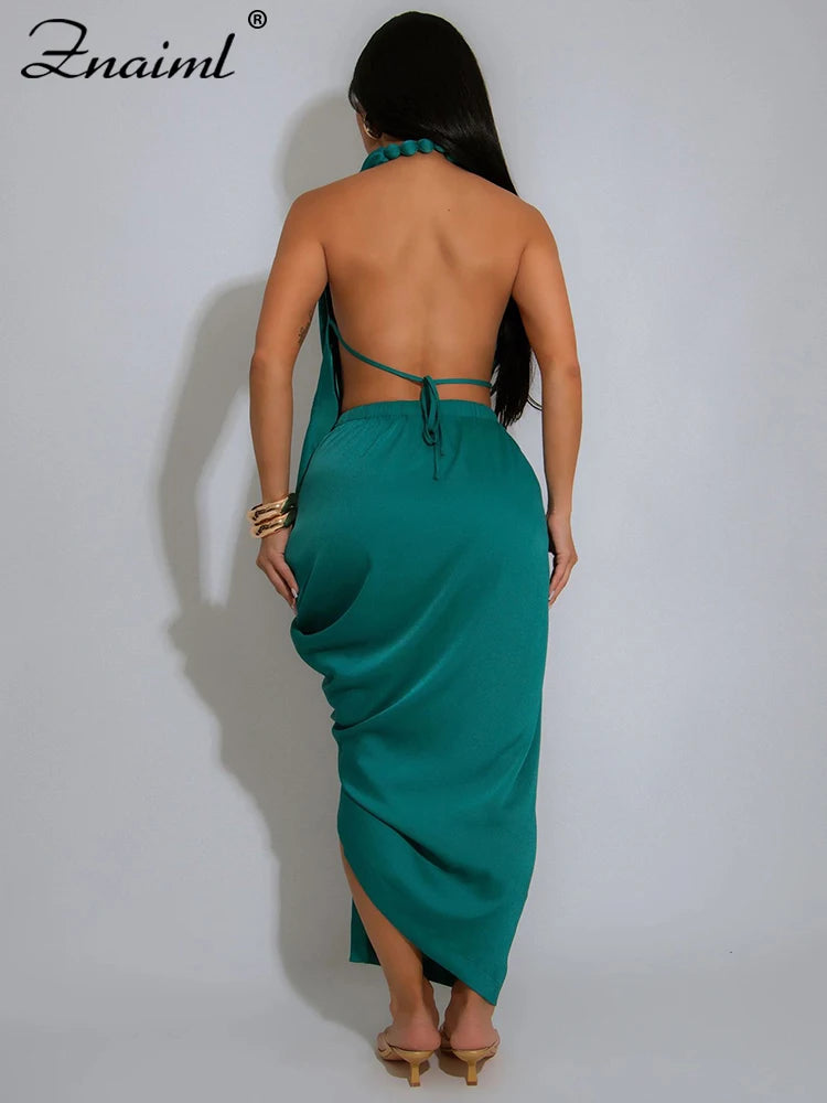 Znaiml Sexy Sleeveless Backless Halter Side Split Deep V-Neck Bodycon Dress Elegant Women Birthday Midnight Party Club Vestidos