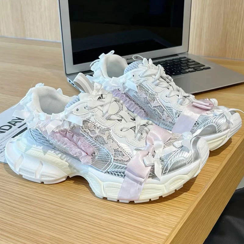 Luxury Brand Thick-soled Sports Shoes Women Bow Tie Casual Run Shoe Versatile Mesh Breathe Comfort Outdoor Large Size Women Shoe