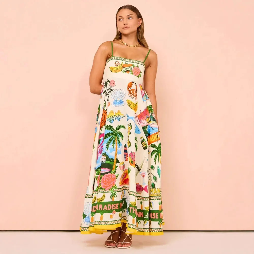 Sexy Off-Shoulder Graffiti Cotton Linen Print Maxi Dress Women's New Hot Sale Of The Season Sleeveless Loose Fit Gown for Women