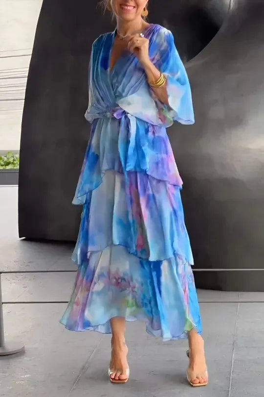 Women's Clothing Floral Flower Printing Multi Layered Dress V Neck Long Sleeve Fashion Casual Summer Dress