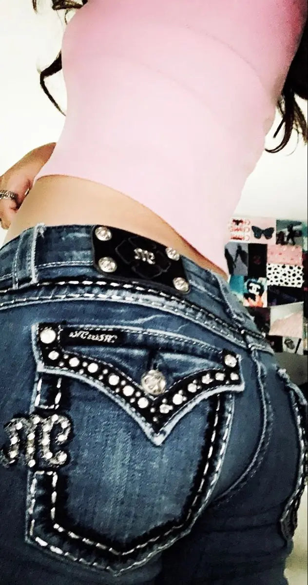 Miss Womens Gothic Diamond Pocket Embroidery Jeans Retro High Rise Flared Jeans Y2k Baggy Denim Pants Streetwear Slim Wash Pants