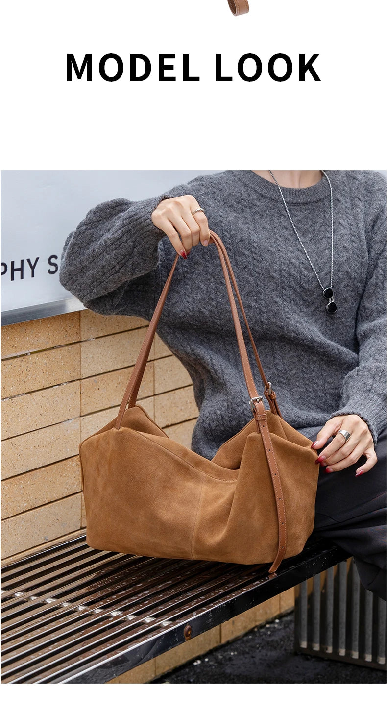 Women's Suede Genuine Leather Shoulder Bags Ladies Frosted Cowhide Crossbody Bag Female Design Luxury and Lazy Commuting Handbag