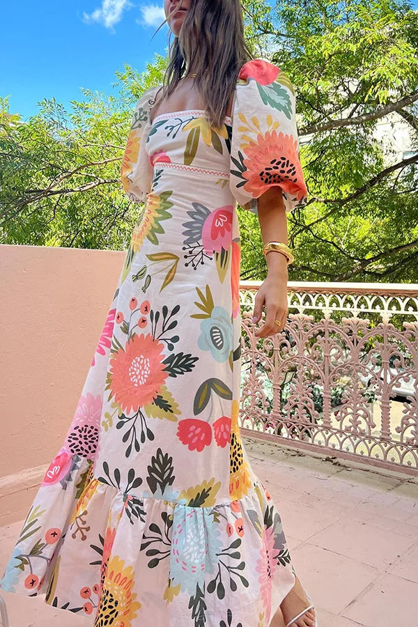 Summer Dress Elegant Women Flower Printed Maxi Dress High Waisted Short Sleeve Square Collar 2025 Summer Fashion Holiday Dresses