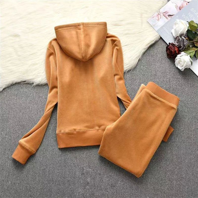 Soft Velvet Hooded Two Piece Tracksuit Set for Women