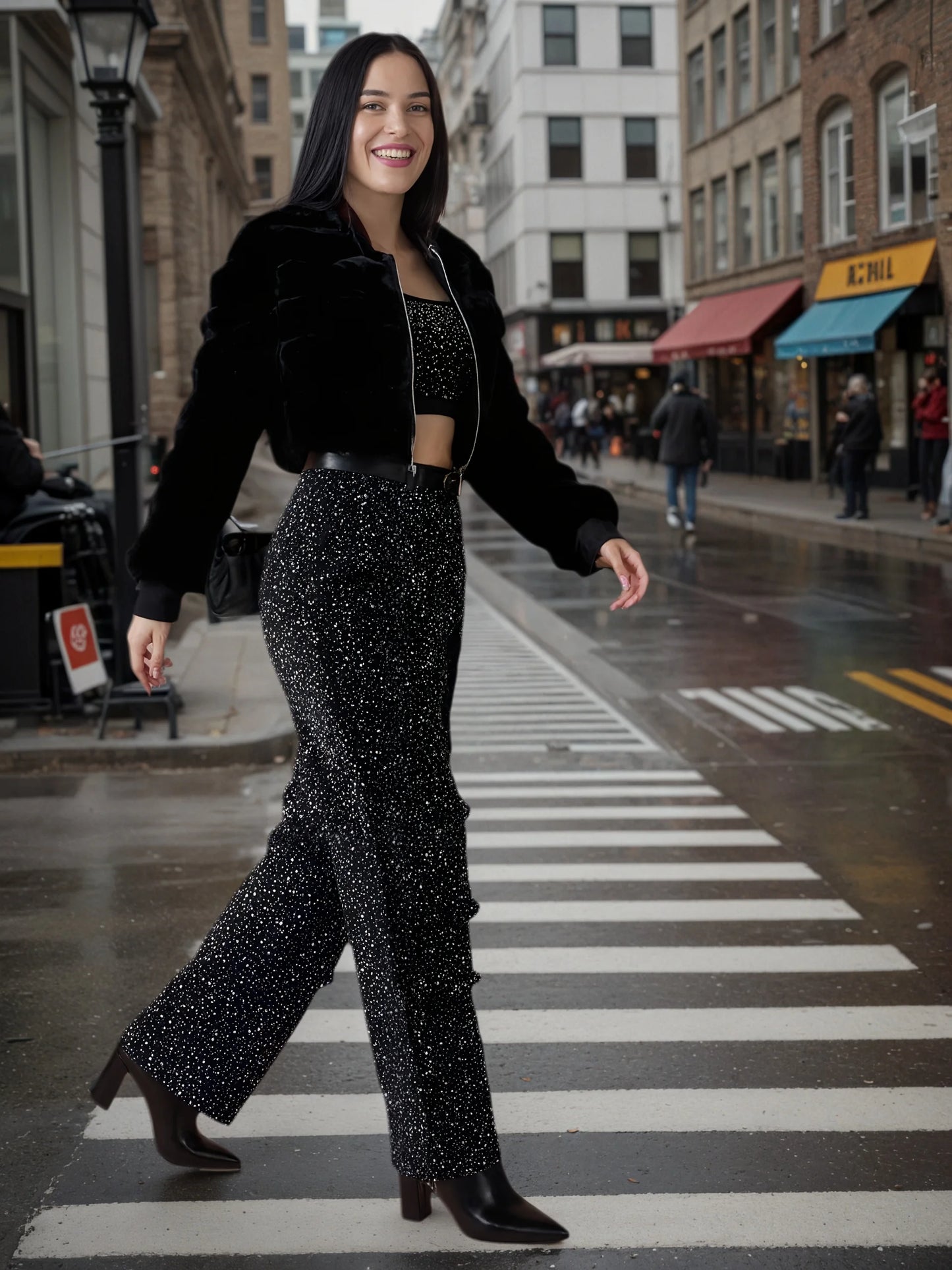 2025 New Women's Fashion Street Style Diamond Inlaid Work Jeans, Shiny Fashion Jeans, Functional Pockets, Women's Jeans