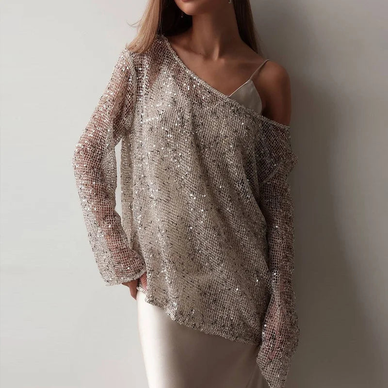 Elegant Sequined Long Sleeve Pullover Blouse for Women