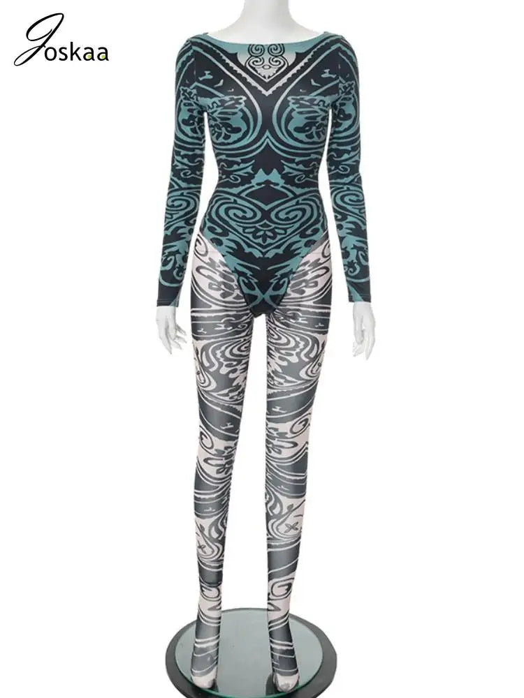 Joskaa 2025 Women's Abstract Print Two Piece Set Sexy Round Neck Long Sleeve Bodysuit + Skinny Pants Matching Y2K Streetwear