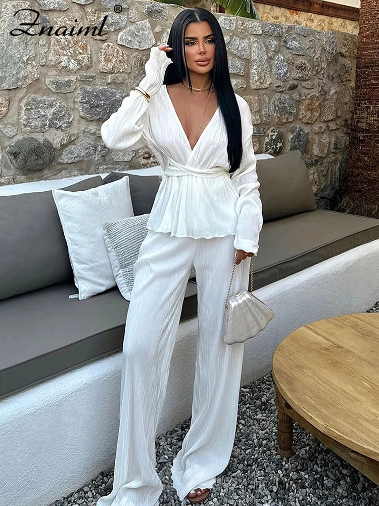 Znaiml Elegant Pleated Two 2 Piece Sets Women Full Sleeve V-neck Belt Tops and Wide Leg Pants Office Lady Outfits Vacation Suits