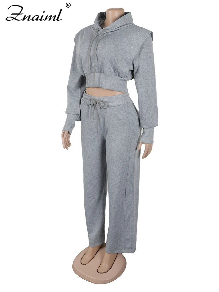 Znaiml Gray Outfit Women Sport Two 2 Piece Winter Sweatshirt Hoodies Tops and Wide Leg Pants Tracksuit Streetwear Sportsuit 2025