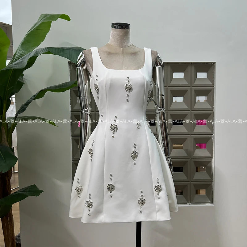 High-end Light Luxury Party Dress 2025 Summer Clothes New Heavy Industry Diamond Square Collar Waist Halter Bow Short Dress