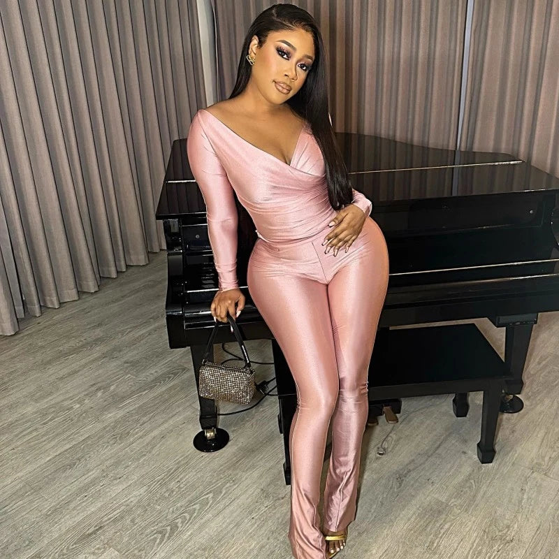 2025 Spring/Summer Women's Sexy Off Shoulder Big V-neck European and American Style High Waist Tight Pants Casual Sports Set