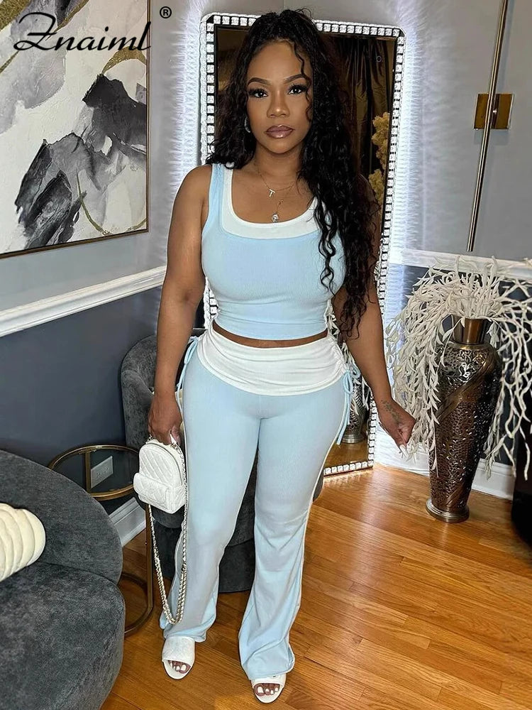 Znaiml Casual Sleeveless Tank Tops and Flare Pants Tracksuit Jogger 2025 New Fashion Sport 2 Pieces Set Woman Summer Outfits
