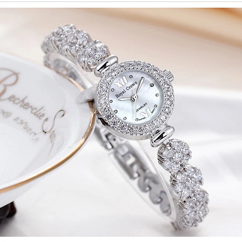 Women's Watch Japan Quartz Fashion Luxury Jewelry Crystal Hours Mother-of-pearl Bracelet Rhinestone Girl Gift Royal Crown Box