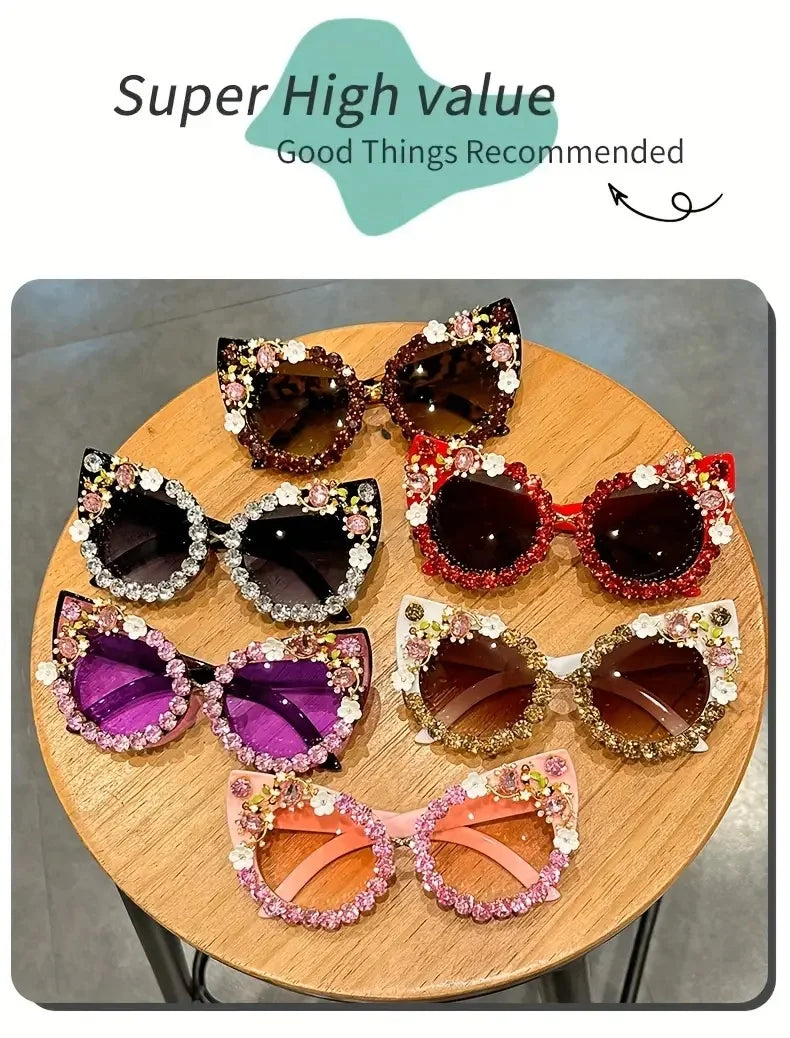 Luxury Rhinestone Flower Sunglasses Cat Eye Gradient Decorative Shades Props For Costume Party Prom