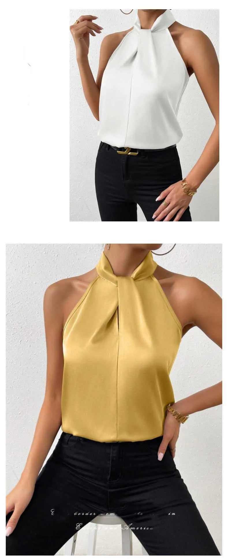 Women's Tops 2025 Summer New European and American Clothes Satin Halter Sleeveless Vest Sexy Commuting Satin Simulated Silk Top