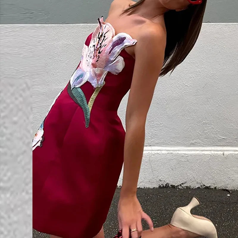 Lady Elegant Strapless Waist Banquet Dress Fashion Sleeveless Hollow Cocktail Dresses Casual Floral Print Backless Holiday Dress