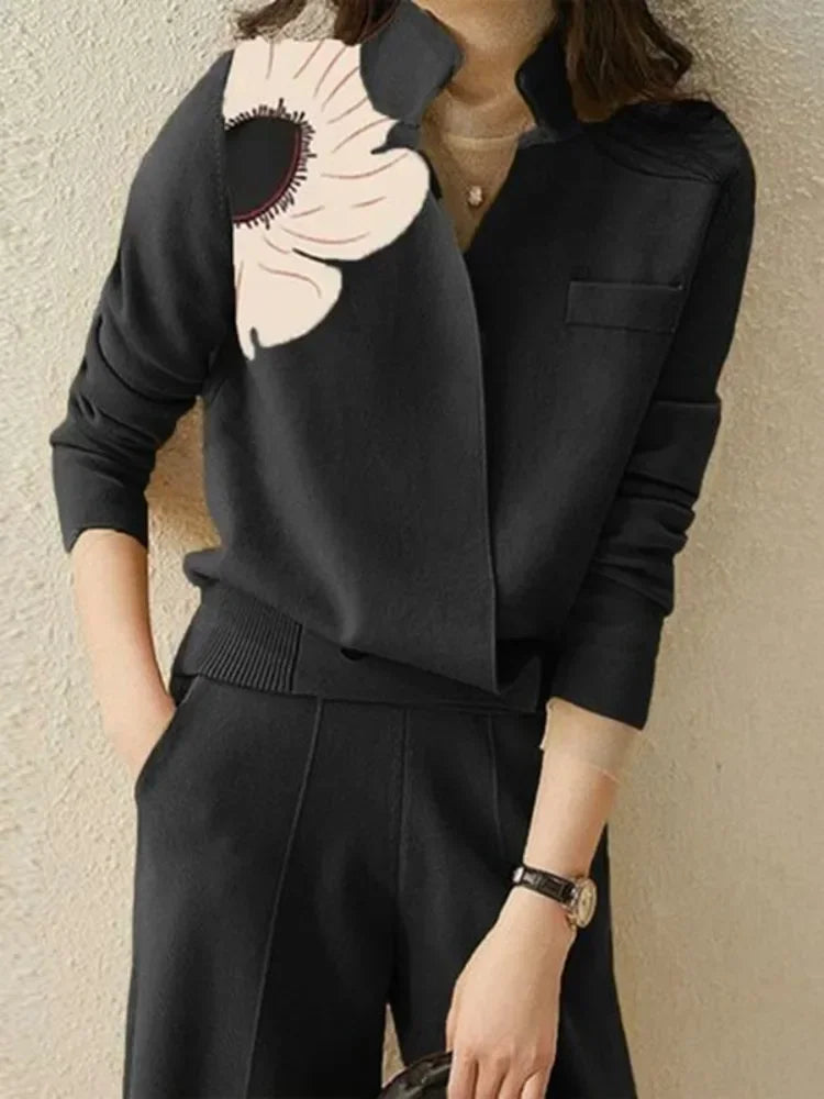 2025 New Women Elegant Two Piece Sets Fashion Floral Printed V-Neck Cardigan Tops & High Waisted Straight-leg Pants Suits