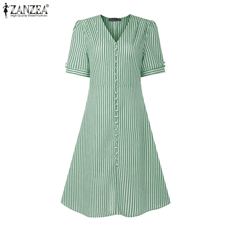 ZANZEA Women Elegant Striped Midi Dresses 2025 Summer Fashion V-Neck Short Puff Sleeve Fitted Waist A-Line Robes Femme Korean