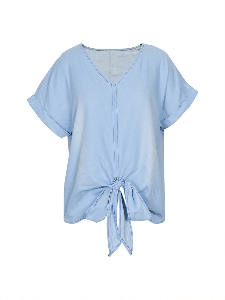 2024 Spring And Summer New Women's Shirt V Collar Denim Shirt Comfortable Casual Blue Pullover Shirt